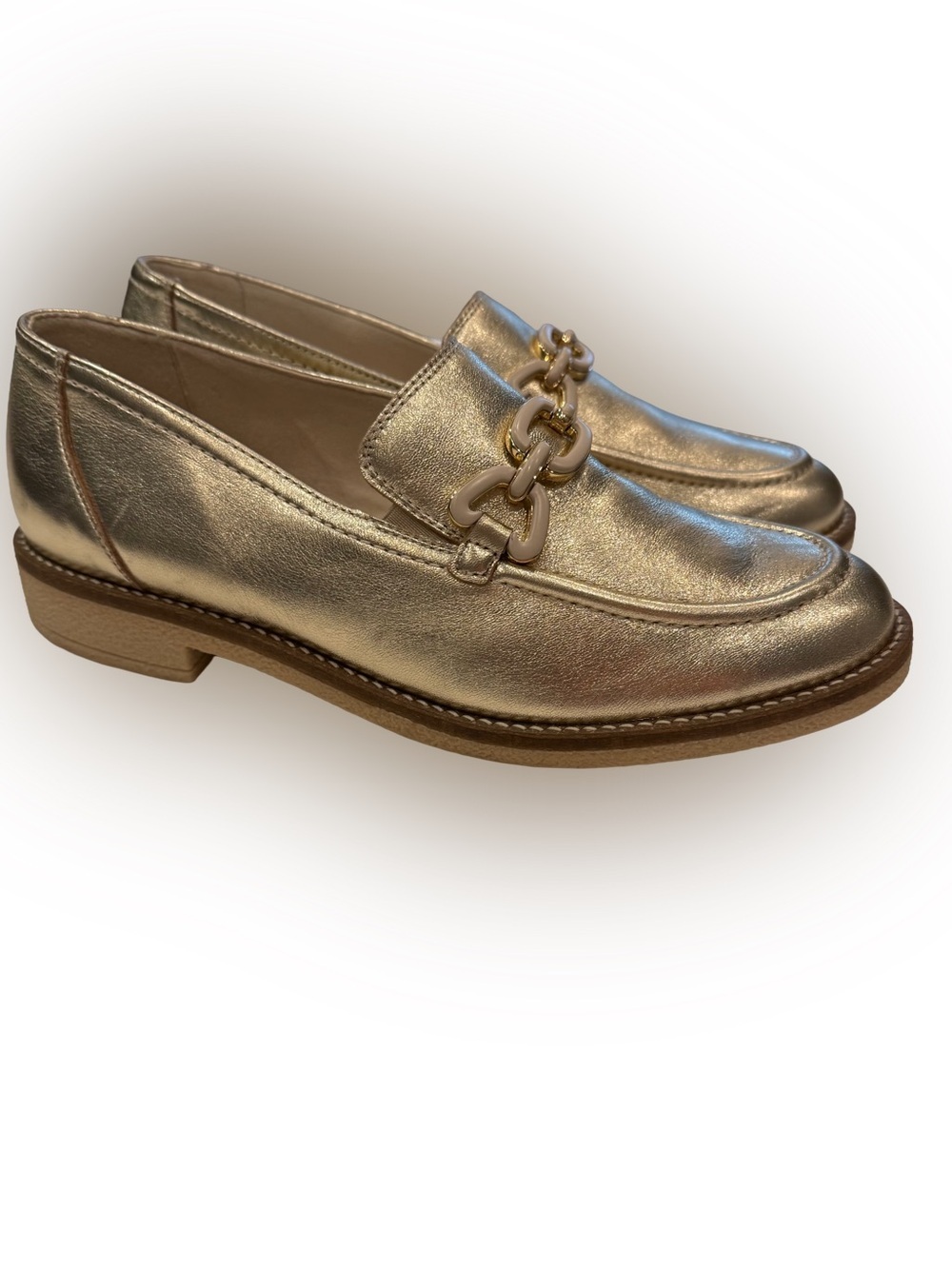 Paul Green Ada Loafers Metallic Gold Leather Chain Accent Sz 6.5 NEW